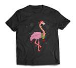 Cute Pink Flamingo with Snow, Lights and Santa Hat Christmas T-shirt