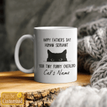Personalized Black Cat Happy Father's Day Coffee Mug, Human Servant Your Tiny Furry Overlord Mug, Gift For Dad Lover Cat Custom Mugs