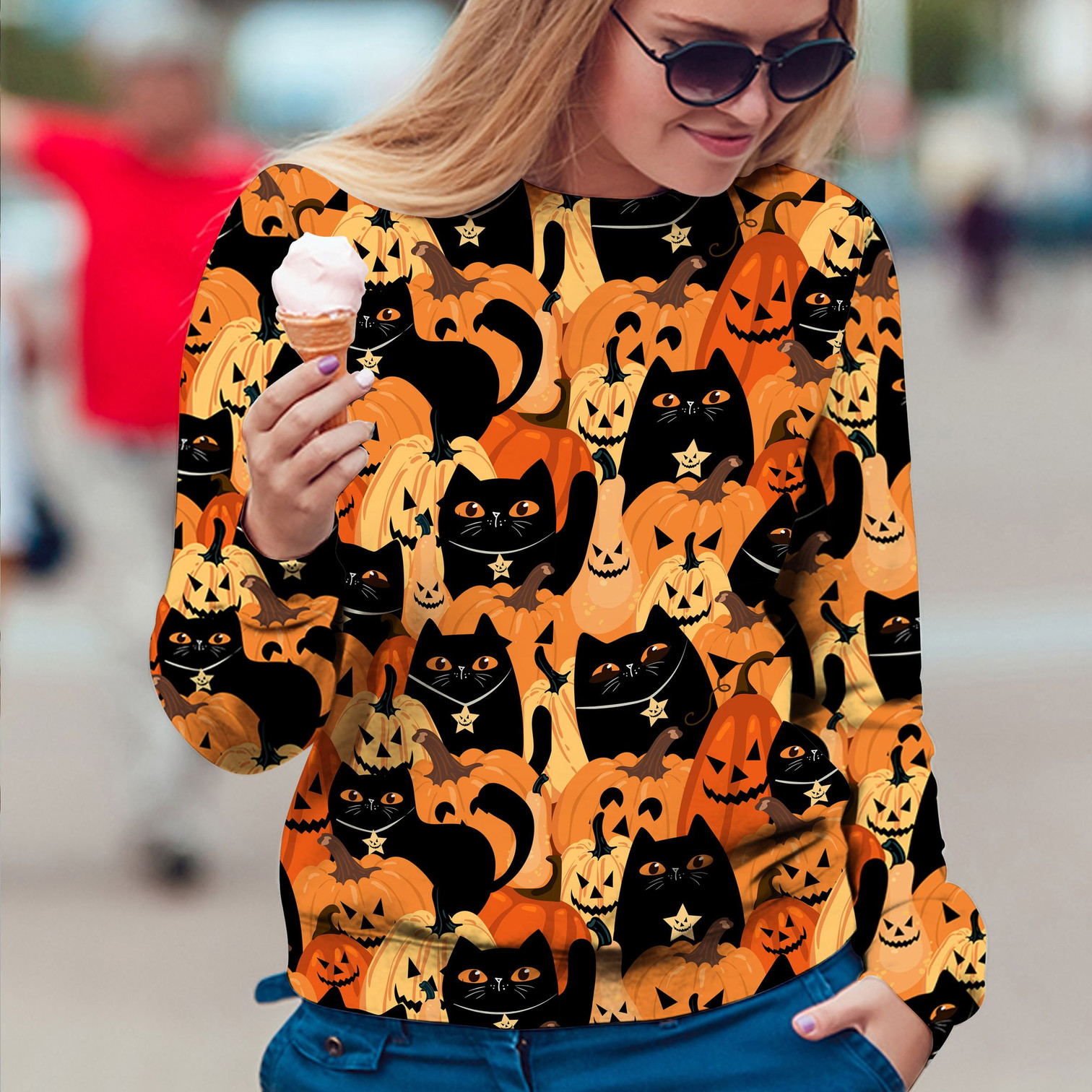 Black Cat Pumpkin T109 All Over Print Halloween Sweater SHARKSCUSTOM
