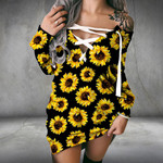 Sunflowers On Dark Sexy Lace Up Deep V-Neck Off Shoulder Long Sleeve Dress