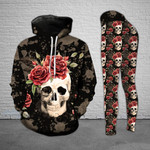 Skull Rose Flower Head Pattern Legging and Hoodie Set