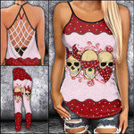Wise Skull Pink Dot Criss-cross Tanktop and Legging set (buy both for 10% discount)