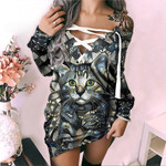 Twinkle Cat Lady Sexy Lace Up Deep V-Neck Off Shoulder Long Sleeve Dress - TT0222TA