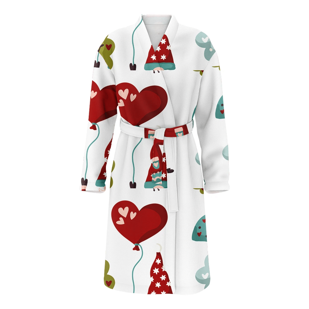 Valentine Symbols Heart Balloon With Red Gnomes Christmas Family Matching Kimono Bathrobe Satin Fleece Robe