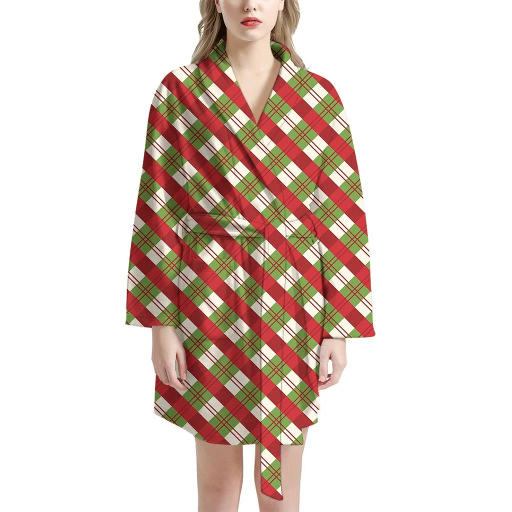 Merry Christmas Plaid Pattern Family Matching Kimono Bathrobe Satin Fleece Robe