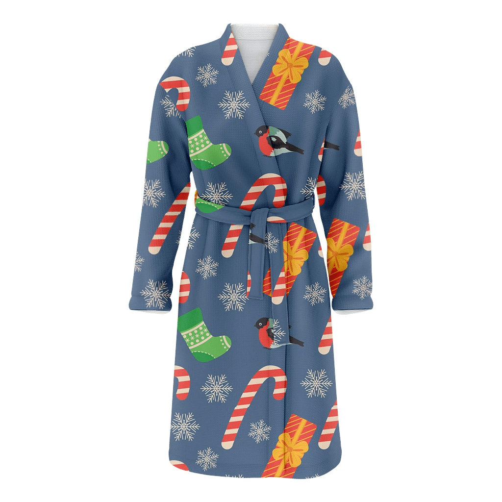 Christmas Gift Candy Cane Gift Sock And Bullfinch Bird Family Matching Kimono Bathrobe Satin Fleece Robe