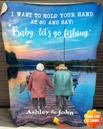Personalized Names I Want To Hold Your Hand At 80 And Say Baby Let's Go Fishing Couple Gifts, Valentine Gifts Cozy Fleece Blanket, Sherpa Blanket Cozy Fleece Blanket
