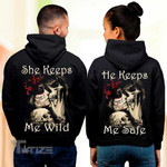 Couple Shirts - She Keeps Me Wild - He Keeps Me Safe Couple Skull Matching Couple, Valentine 2022 gift Graphic Unisex T Shirt, Sweatshirt, Hoodie Size S - 5XL