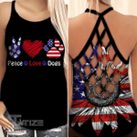 July 4th Peace Love Dogs US Flag Sunflower Summer Criss-Cross Open Back Cami Tank Top