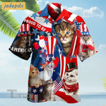 America Cat Proud To Be 4th of July Tropical Tropical Red And Blue Floral All Over Printed Hawaiian Shirt Size S - 5XL