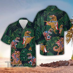 Tropical Patriotic Dinosaur 4th of July Tropical Tropical Red And Blue Floral All Over Printed Hawaiian Shirt Size S - 5XL