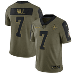 New Orleans Saints Taysom Hill 7 NFL Olive 2021 Salute To Service Player Men Jersey For Saints Fans