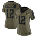Green Bay Packers Aaron Rodgers 12 NFL Olive 2021 Salute To Service Player Women Jersey For Packers Fans