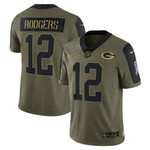 Mens Green Bay Packers Aaron Rodgers Olive 2021 Salute To Service Player Jersey gift for Green Bay Packers fans