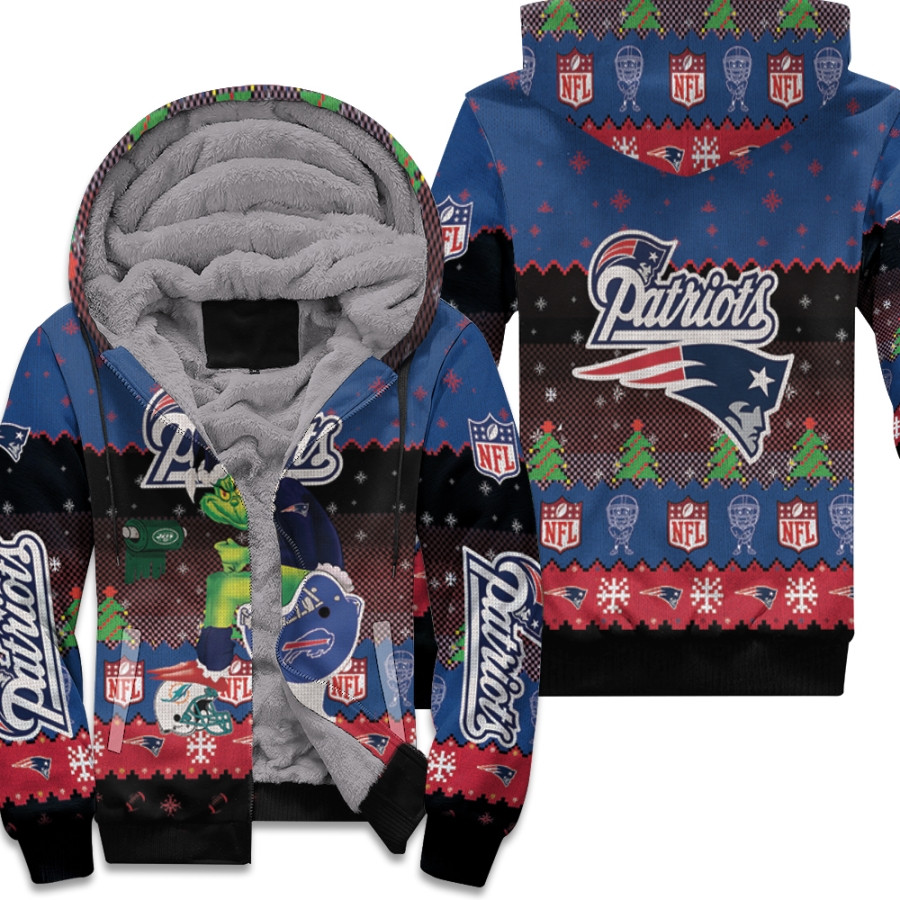 Santa Grinch New England Patriots Sitting on Bills Jets Dolphins Toilet Christmas Gift For Patriots Fans Fleece Hoodie