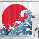 Red Sun Tsunami Wave Pattern Shower Curtain Home Decor