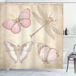Retro Butterflies Dragonfly Beige 3d Printed Shower Curtain Bathroom Decor
