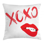 Lipsticked Woman Biting Lips Art Printed Cushion Cover