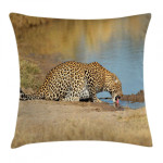 Leopard In Safari Drinking Water Printed Cushion Cover