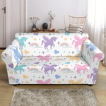 White Theme Colorful Unicorn Rainbow Heart Pattern Beautiful Design Sofa Cover