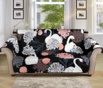 Black Background White Swan Blooming Flower Sofa Couch Protector Cover