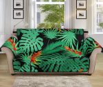 Black Theme Fascinating Heliconia Flower Palm Monstera Leaves Sofa Couch Protector Cover
