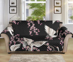 Black Background Graceful Japanese Crane Pink Sakura Sofa Couch Protector Cover