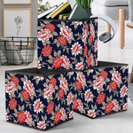Embroidery Red And Pink Flower Branches On Navy Background Storage Bin Storage Cube