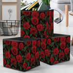 Amazing Red Roses And Green Leaves On Dark Background Design Storage Bin Storage Cube