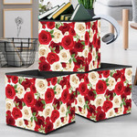 Red And White Cream Roses Petals With Green Leaves Pattern Storage Bin Storage Cube