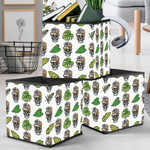 Human Skull Wearing Hat And Glasses With Tropical Leaves Storage Bin Storage Cube