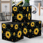 Childish Hand Drawn Sunflowers With Green Leaves On Black Background Storage Bin Storage Cube