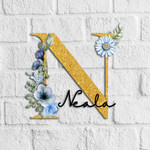 Custom Name Cut Metal Sign Appealing Golden Glitter With Florals Initial N