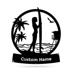 Longboard Female Surfer Black And White Cut Metal Sign Custom Name