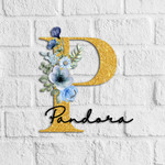 Custom Name Cut Metal Sign Appealing Golden Glitter With Florals Initial P
