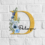 Custom Name Cut Metal Sign Appealing Golden Glitter With Florals Initial D
