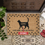 Lives Here With His People Funny Cat Silhouette Custom Name Doormat Home Decor
