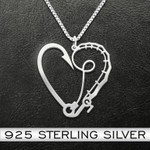 Fishing Rob And Hook Heart Handmade 925 Sterling Silver Pendant Necklace