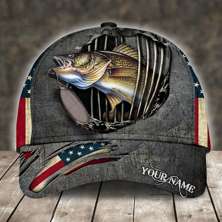 WALLEYE FISHING AMERICAN FLAG PERSONALIZED CAP