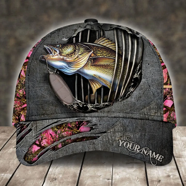 WALLEYE FISHING PINK CAMO PERSONALIZED CAP