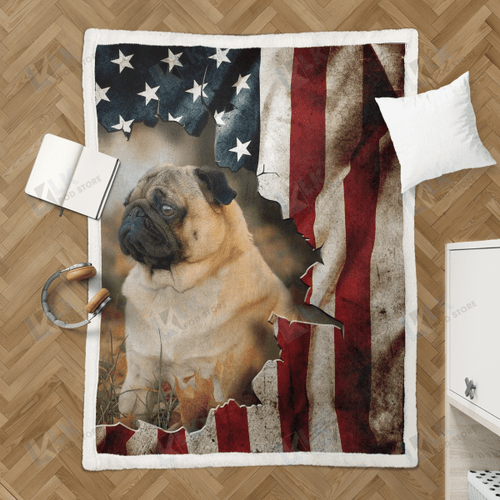 PUG Blanket FLAG American | | Gifts Dog Cat Lovers, Sherpa Fleece Blanket Throw, Home & Living