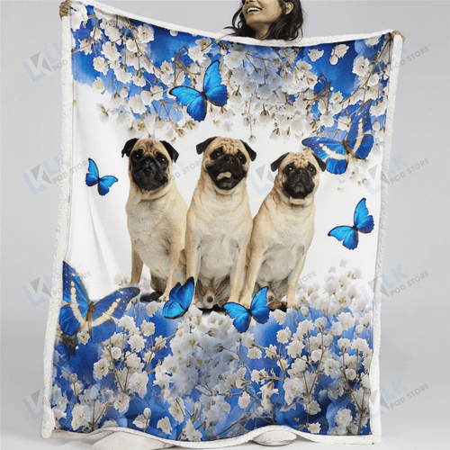 PUG Blanket Blue Butterfly | | Gifts Dog Cat Lovers, Sherpa Fleece Blanket Throw, Home & Living