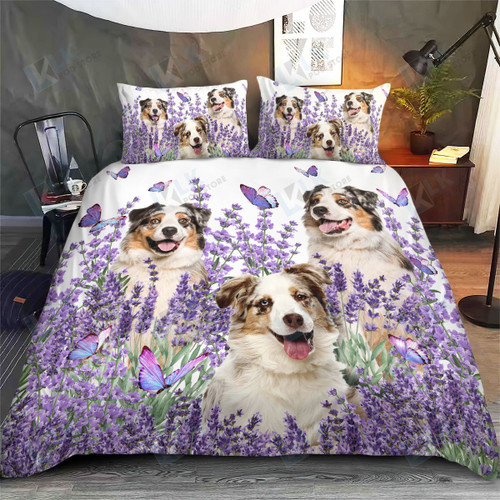 Australian Shepherd Bedding Set PURPLE FLOWER [ID3-P] | Duvet cover, 2 Pillow Shams, Comforter, Bed Sheet