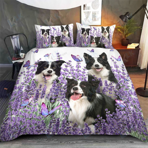 Border Collie Bedding Set PURPLE FLOWER [ID3-P] | Duvet cover, 2 Pillow Shams, Comforter, Bed Sheet