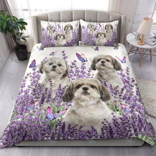 Shih Tzu  Bedding Set PURPLE FLOWER [ID3-P] | Duvet cover, 2 Pillow Shams, Comforter, Bed Sheet