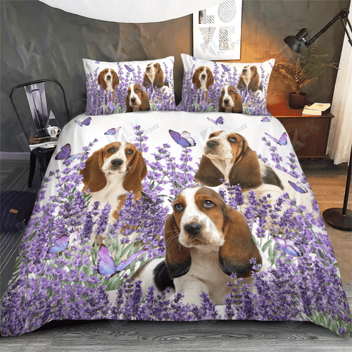 BASSET HOUND Bedding Set Purple Flower [ID3-P] | Duvet cover, 2 Pillow Shams, Comforter, Bed Sheet