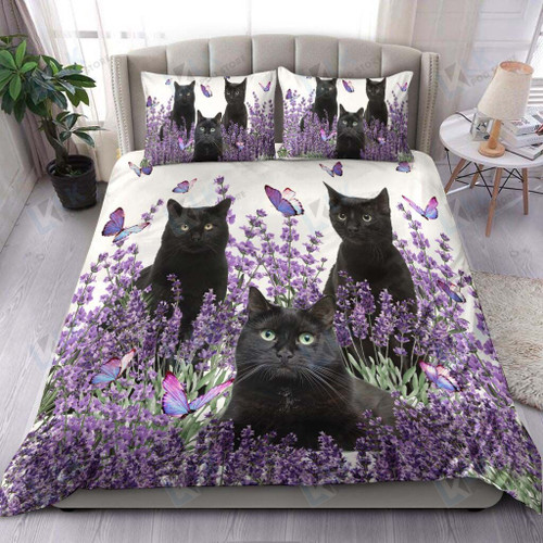 Black Cat Bedding Set Purple Flower [ID3-T] | Duvet cover, 2 Pillow Shams, Cat Comforter, Bed Sheet, Gift for cat lover
