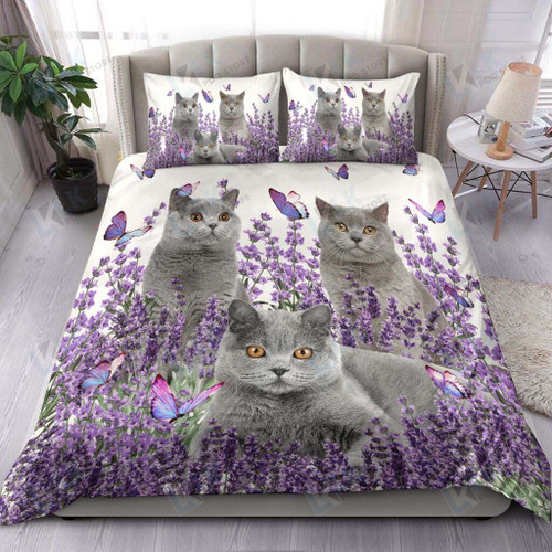British Shorthair Cat Bedding Set Purple Flower [ID3-T] | Duvet cover, 2 Pillow Shams, Cat Comforter, Bed Sheet, Gift for cat lover