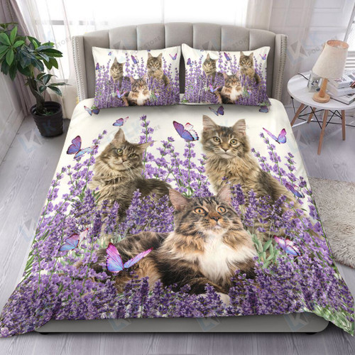 Maine Coon Bedding Set Purple Flower [ID3-P] | Duvet cover, 2 Pillow Shams, Cat Comforter, Cat lover Gift
