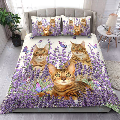 Bengal Cat Bedding Set Purple Flower [ID3-P] | Duvet cover, 2 Pillow Shams, Comforter, Cat lover Gift, Bed room